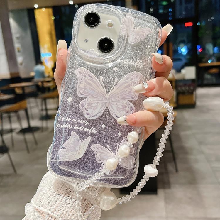 For iPhone 13 Wavy Glitter Butterfly TPU Phone Case with Bracelet Chain