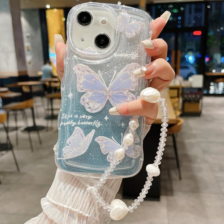 For iPhone 14 Plus Wavy Glitter Butterfly TPU Phone Case with Bracelet Chain