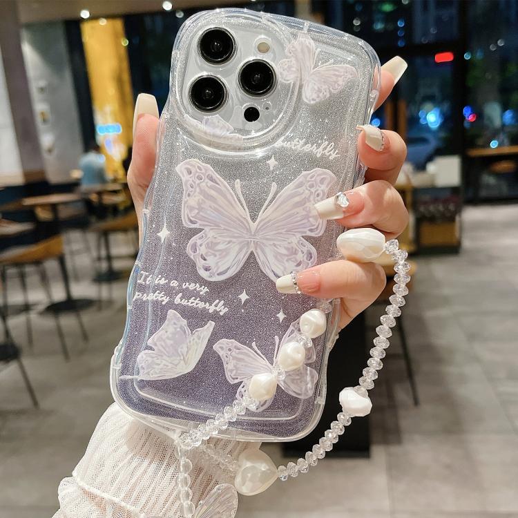 For iPhone 14 Pro Max Wavy Glitter Butterfly TPU Phone Case with Bracelet Chain