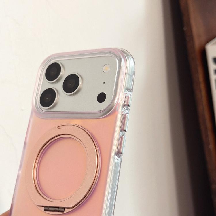 For iPhone 16 BAFFKKAF Gilded 360 Rotation Holder Airbag Double-Sided IMD Phone Case - Sunset Pink