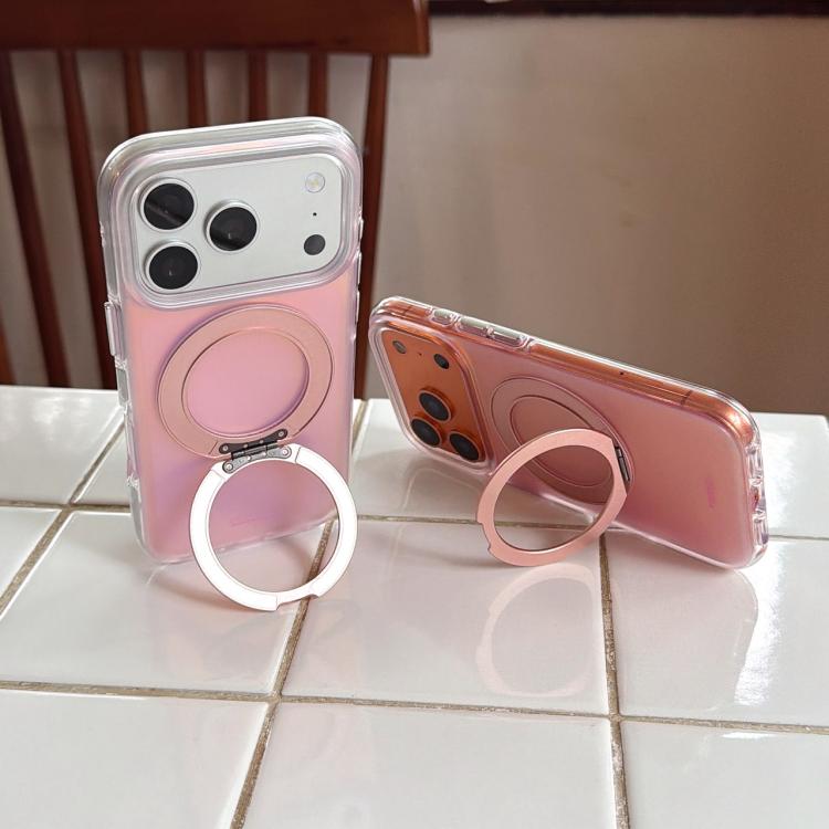 For iPhone 15 Pro BAFFKKAF Gilded 360 Rotation Holder Airbag Double-Sided IMD Phone Case - Sunset Pink