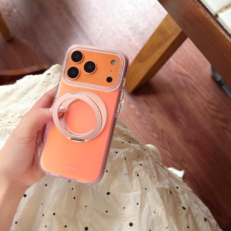 For iPhone 15 BAFFKKAF Gilded 360 Rotation Holder Airbag Double-Sided IMD Phone Case - Sunset Pink