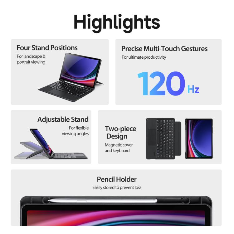 For Galaxy Tab S10 Lite / S10 FE / S9 DUX DUCIS DK Series Korean Layout Backlit Bluetooth Keyboard Case - Black
