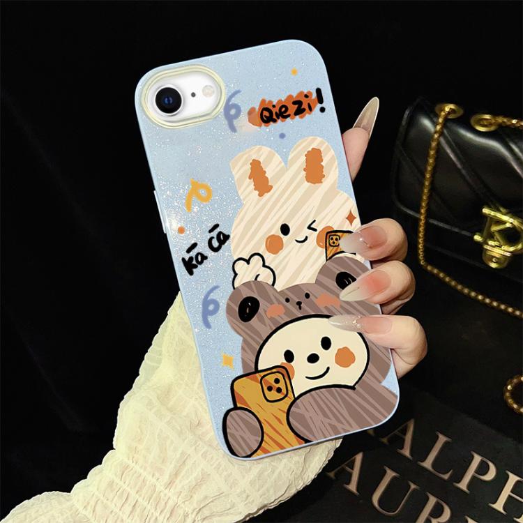 For iPhone SE 2022 / SE 2020 Bear Pattern IMD Glitter PC Hybrid TPU Phone Case
