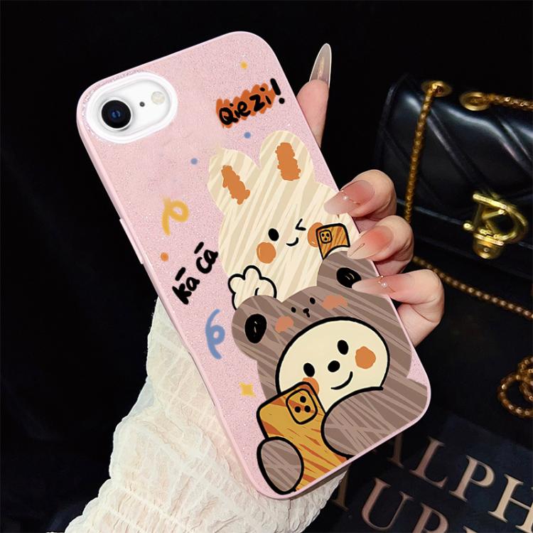 For iPhone SE 2022 / SE 2020 Bear Pattern IMD Glitter PC Hybrid TPU Phone Case