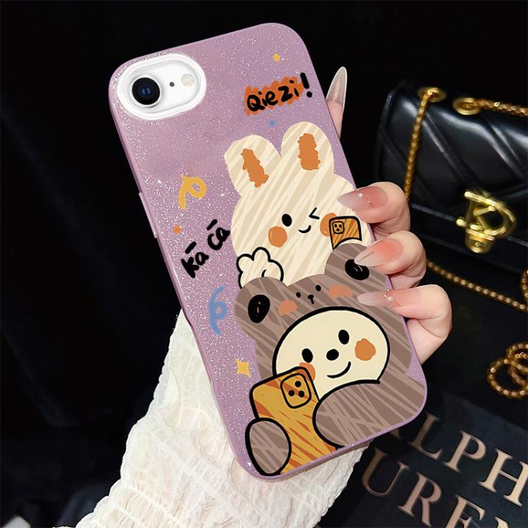 For iPhone SE 2022 / SE 2020 Bear Pattern IMD Glitter PC Hybrid TPU Phone Case