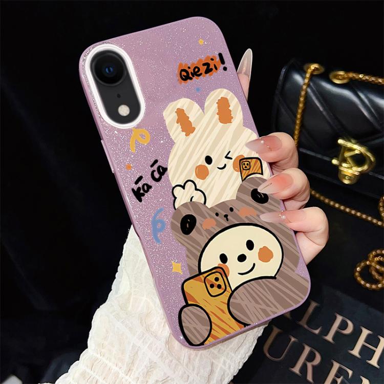For iPhone XR Bear Pattern IMD Glitter PC Hybrid TPU Phone Case
