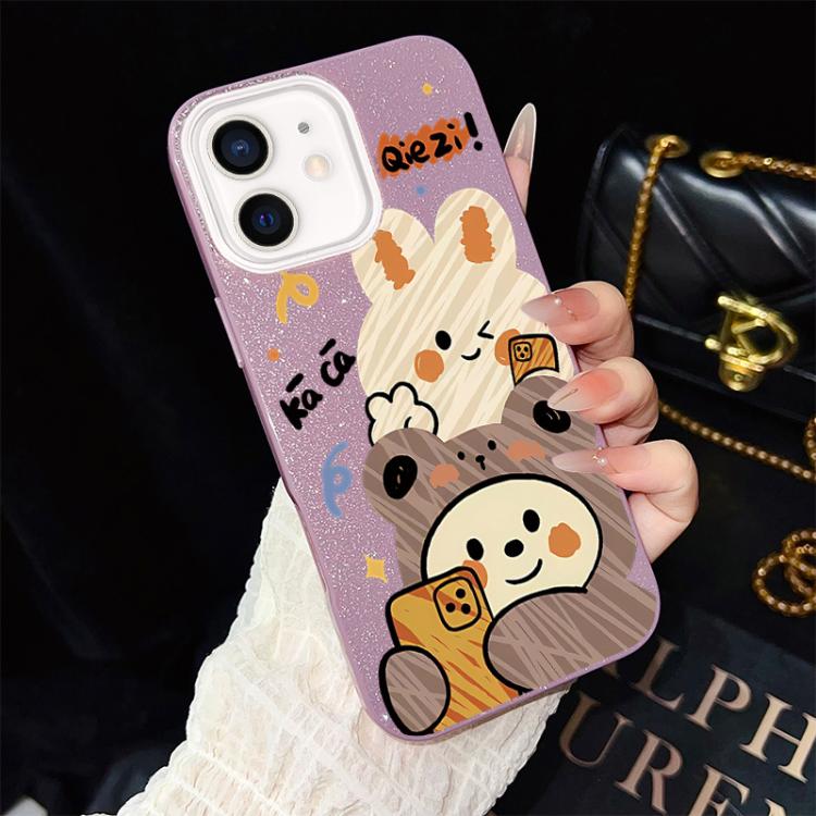 For iPhone 12 Bear Pattern IMD Glitter PC Hybrid TPU Phone Case