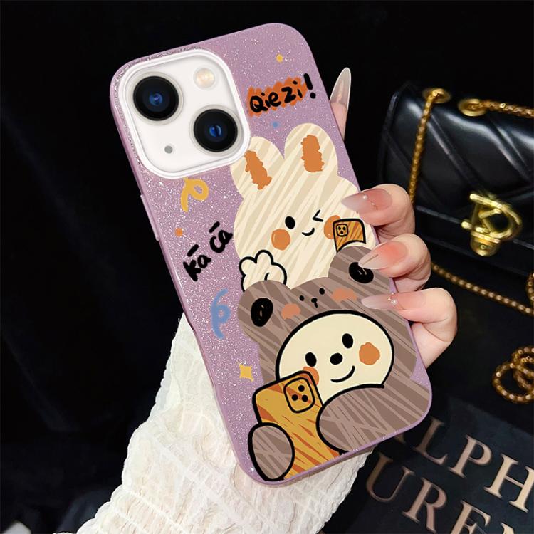 For iPhone 13 Bear Pattern IMD Glitter PC Hybrid TPU Phone Case