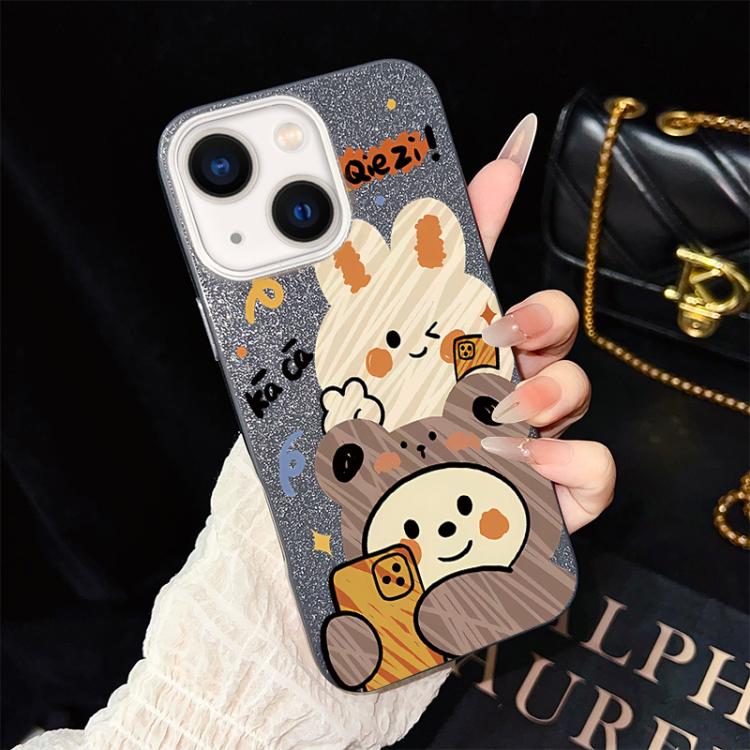 For iPhone 14 Bear Pattern IMD Glitter PC Hybrid TPU Phone Case