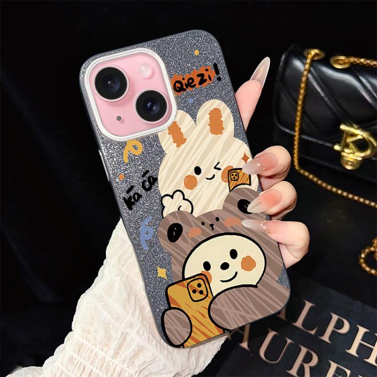 For iPhone 15 Bear Pattern IMD Glitter PC Hybrid TPU Phone Case