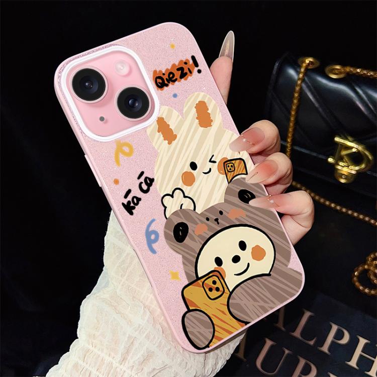 For iPhone 15 Bear Pattern IMD Glitter PC Hybrid TPU Phone Case