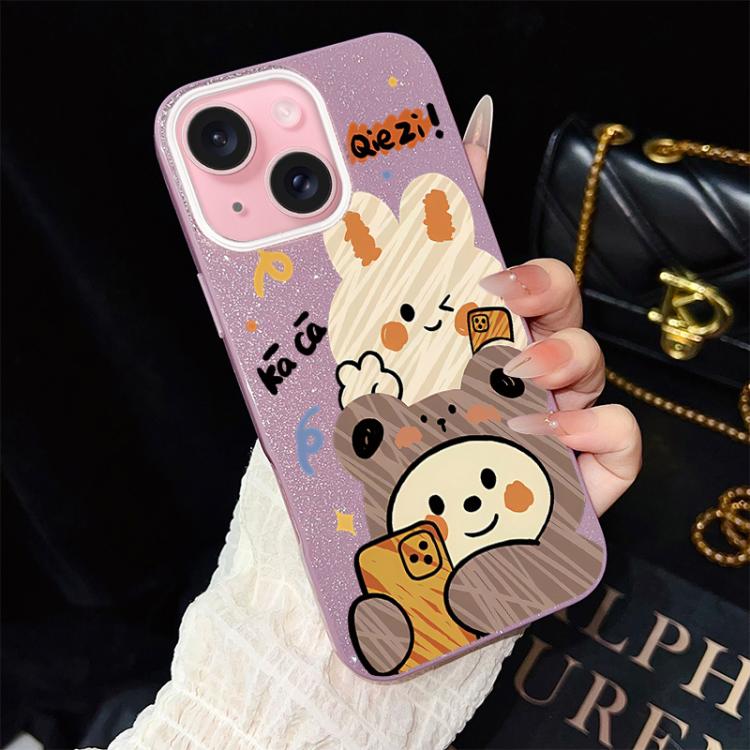 For iPhone 15 Bear Pattern IMD Glitter PC Hybrid TPU Phone Case