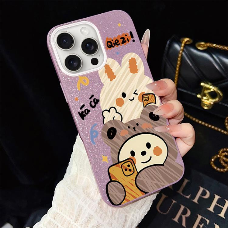 For iPhone 15 Pro Bear Pattern IMD Glitter PC Hybrid TPU Phone Case