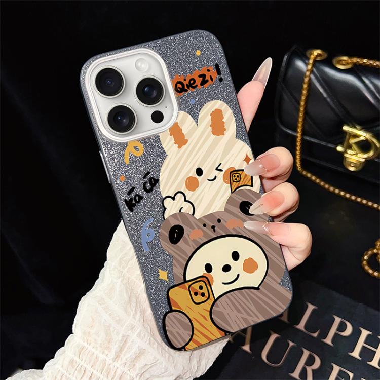 For iPhone 15 Pro Max Bear Pattern IMD Glitter PC Hybrid TPU Phone Case