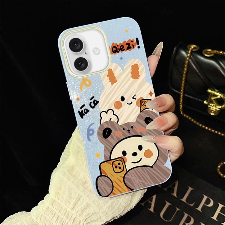 For iPhone 16 Plus Bear Pattern IMD Glitter PC Hybrid TPU Phone Case