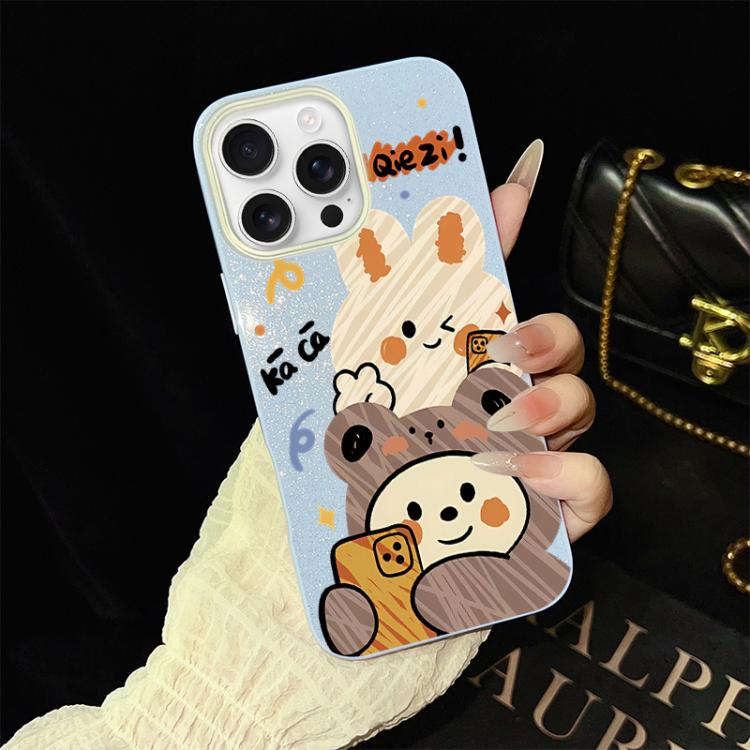 For iPhone 16 Pro Bear Pattern IMD Glitter PC Hybrid TPU Phone Case