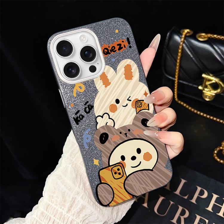 For iPhone 16 Pro Max Bear Pattern IMD Glitter PC Hybrid TPU Phone Case