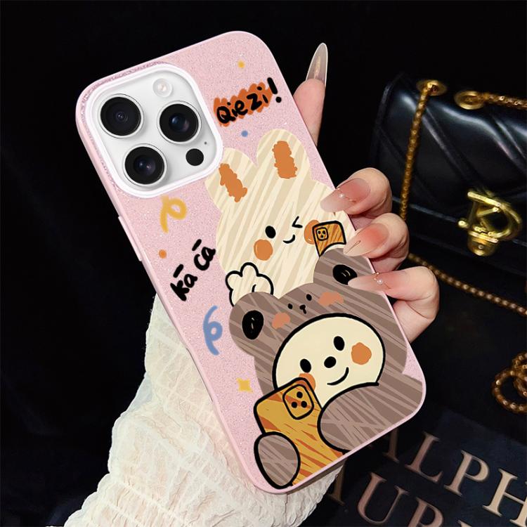 For iPhone 16 Pro Max Bear Pattern IMD Glitter PC Hybrid TPU Phone Case