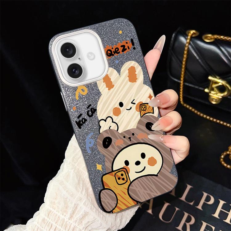 For iPhone 17 Bear Pattern IMD Glitter PC Hybrid TPU Phone Case