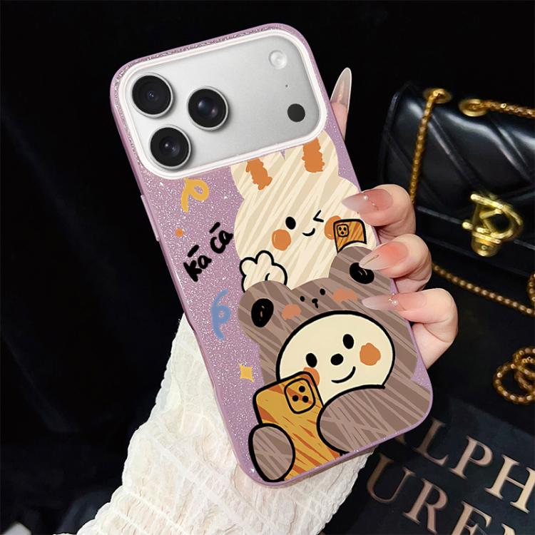 For iPhone 17 Pro Max Bear Pattern IMD Glitter PC Hybrid TPU Phone Case