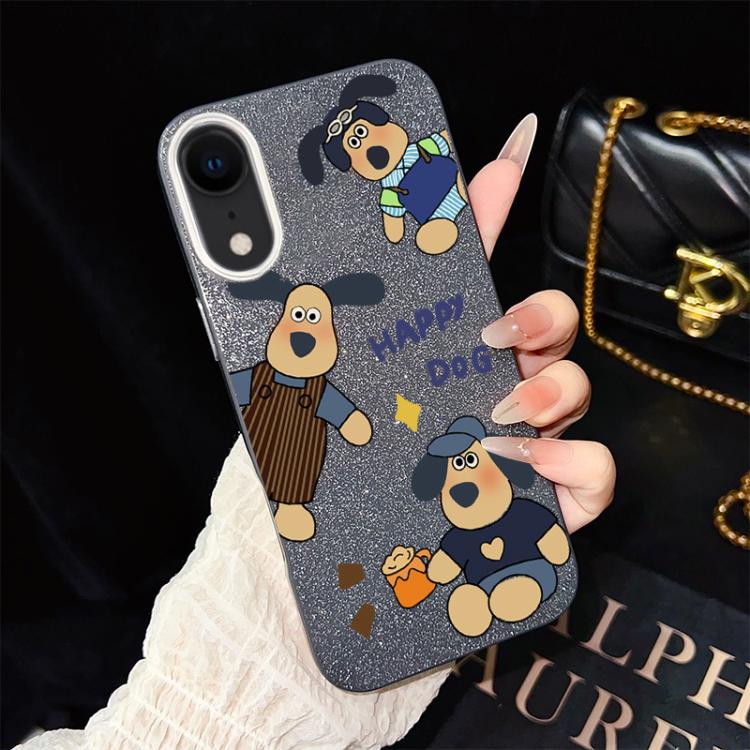For iPhone XR Happy Dog Pattern IMD Glitter PC Hybrid TPU Phone Case