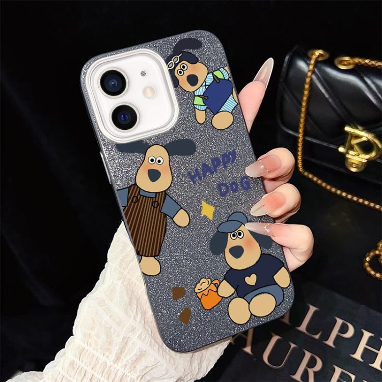 For iPhone 12 Happy Dog Pattern IMD Glitter PC Hybrid TPU Phone Case