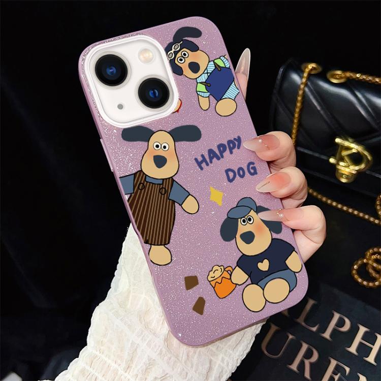 For iPhone 13 Happy Dog Pattern IMD Glitter PC Hybrid TPU Phone Case