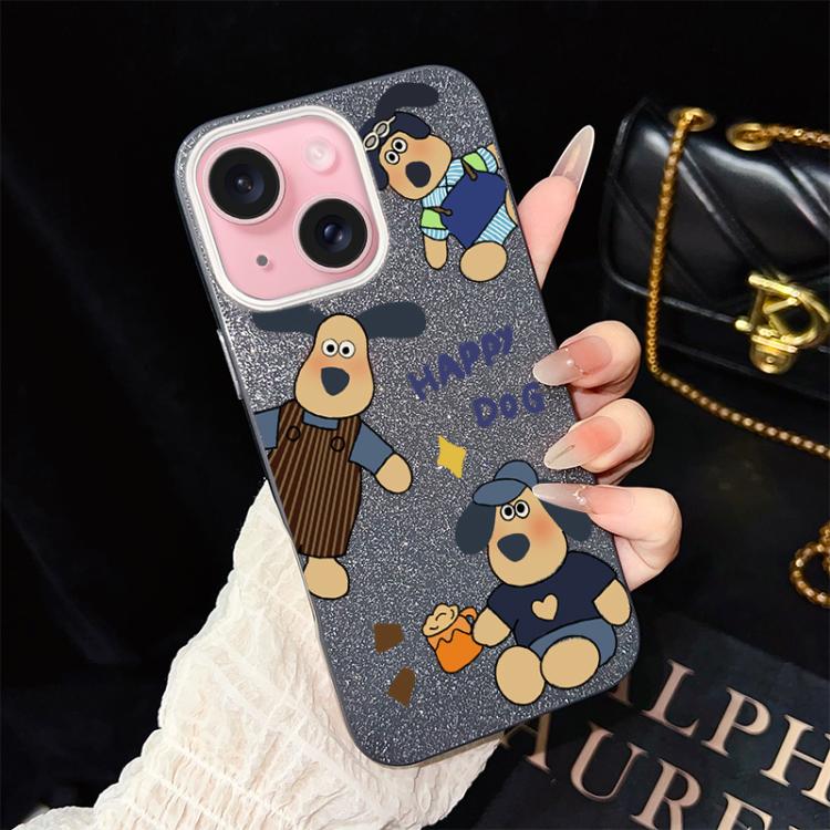 For iPhone 15 Happy Dog Pattern IMD Glitter PC Hybrid TPU Phone Case