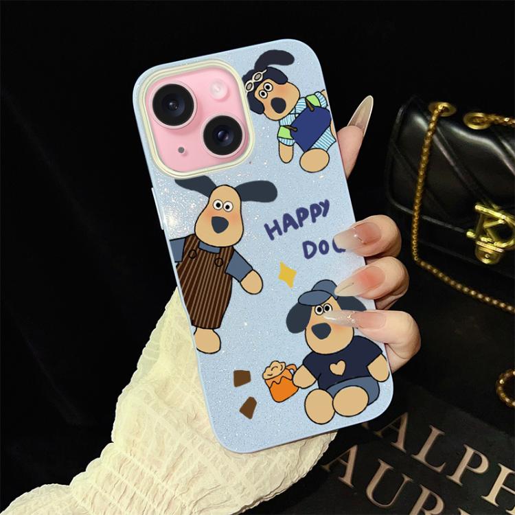 For iPhone 15 Happy Dog Pattern IMD Glitter PC Hybrid TPU Phone Case