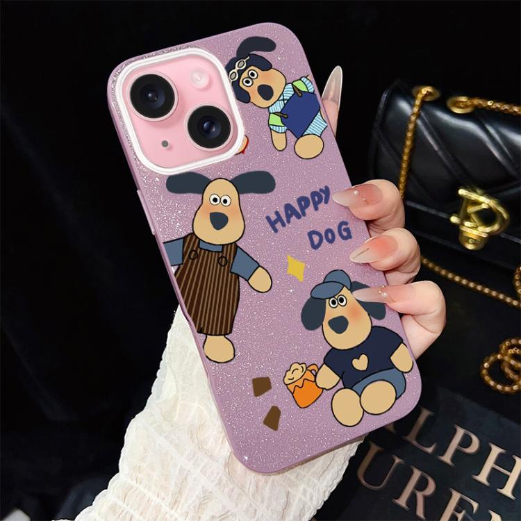 For iPhone 15 Happy Dog Pattern IMD Glitter PC Hybrid TPU Phone Case
