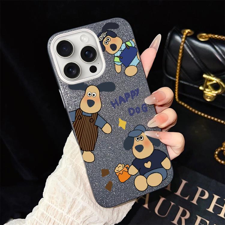 For iPhone 15 Pro Happy Dog Pattern IMD Glitter PC Hybrid TPU Phone Case
