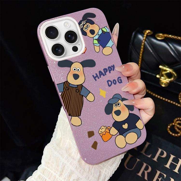 For iPhone 16 Pro Happy Dog Pattern IMD Glitter PC Hybrid TPU Phone Case