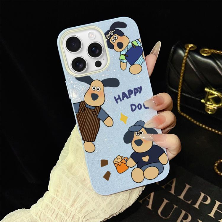 For iPhone 16 Pro Max Happy Dog Pattern IMD Glitter PC Hybrid TPU Phone Case