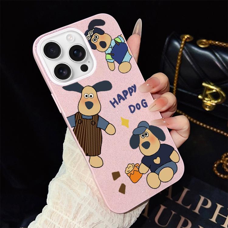 For iPhone 16 Pro Max Happy Dog Pattern IMD Glitter PC Hybrid TPU Phone Case