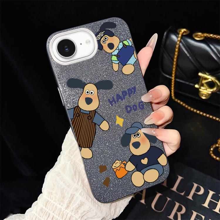 For iPhone 17e / 16e Happy Dog Pattern IMD Glitter PC Hybrid TPU Phone Case