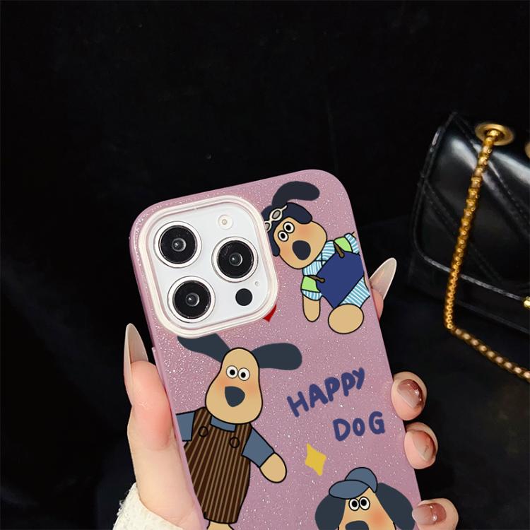For iPhone 15 Happy Dog Pattern IMD Glitter PC Hybrid TPU Phone Case