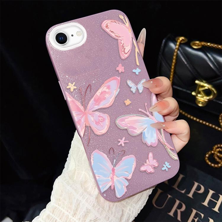 For iPhone SE 2022 / SE 2020 Colorful Butterflies Pattern IMD Glitter PC Hybrid TPU Phone Case