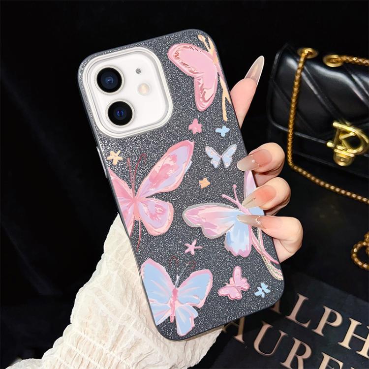 For iPhone 12 Colorful Butterflies Pattern IMD Glitter PC Hybrid TPU Phone Case