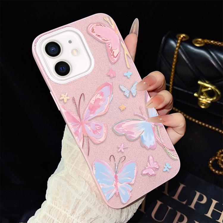For iPhone 12 Colorful Butterflies Pattern IMD Glitter PC Hybrid TPU Phone Case