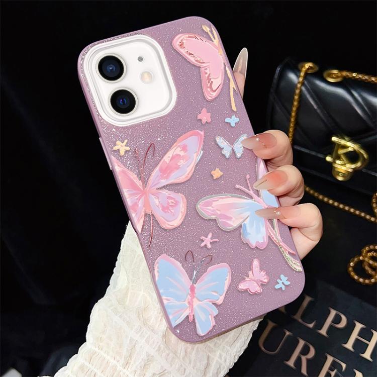 For iPhone 12 Colorful Butterflies Pattern IMD Glitter PC Hybrid TPU Phone Case
