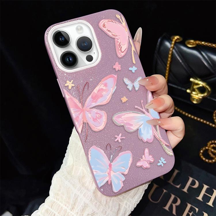 For iPhone 12 Pro Colorful Butterflies Pattern IMD Glitter PC Hybrid TPU Phone Case