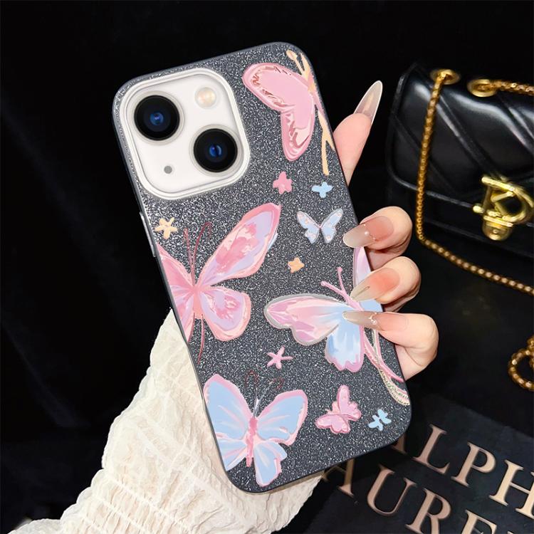 For iPhone 13 Colorful Butterflies Pattern IMD Glitter PC Hybrid TPU Phone Case