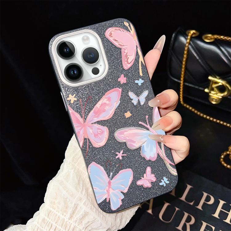 For iPhone 13 Pro Max Colorful Butterflies Pattern IMD Glitter PC Hybrid TPU Phone Case