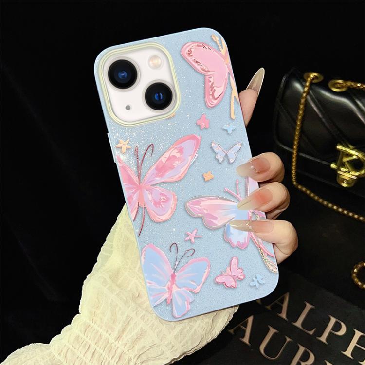 For iPhone 14 Colorful Butterflies Pattern IMD Glitter PC Hybrid TPU Phone Case