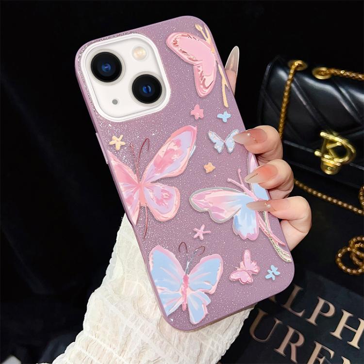 For iPhone 14 Plus Colorful Butterflies Pattern IMD Glitter PC Hybrid TPU Phone Case