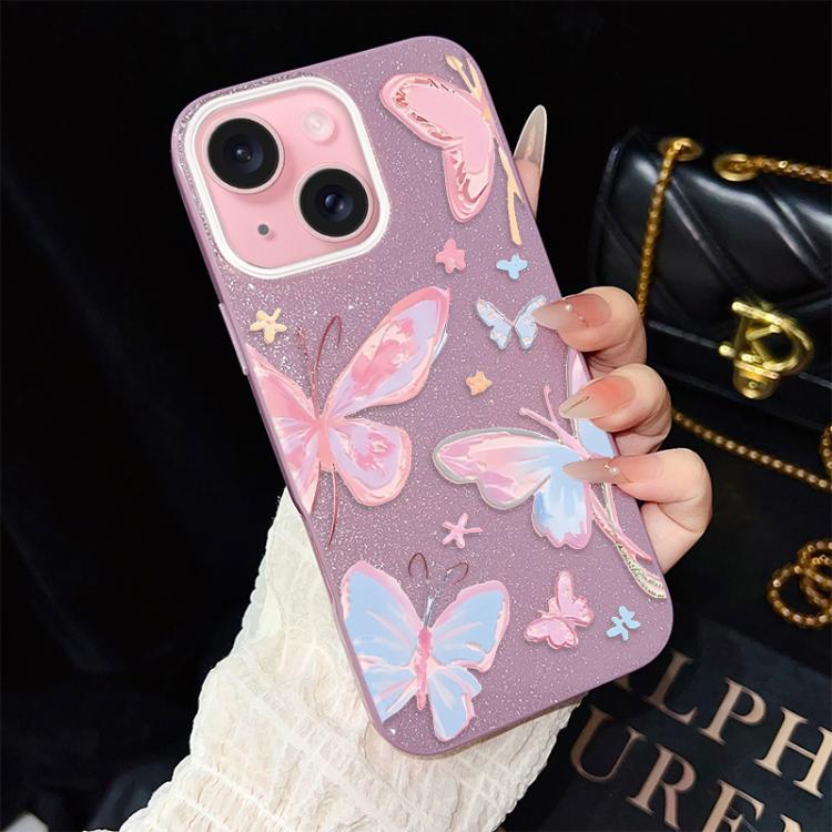 For iPhone 15 Colorful Butterflies Pattern IMD Glitter PC Hybrid TPU Phone Case