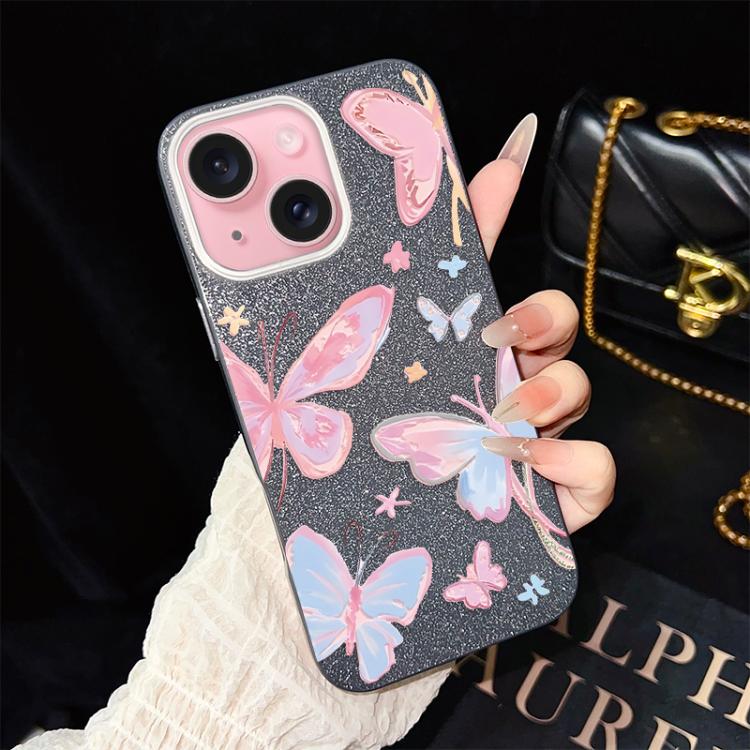 For iPhone 15 Plus Colorful Butterflies Pattern IMD Glitter PC Hybrid TPU Phone Case