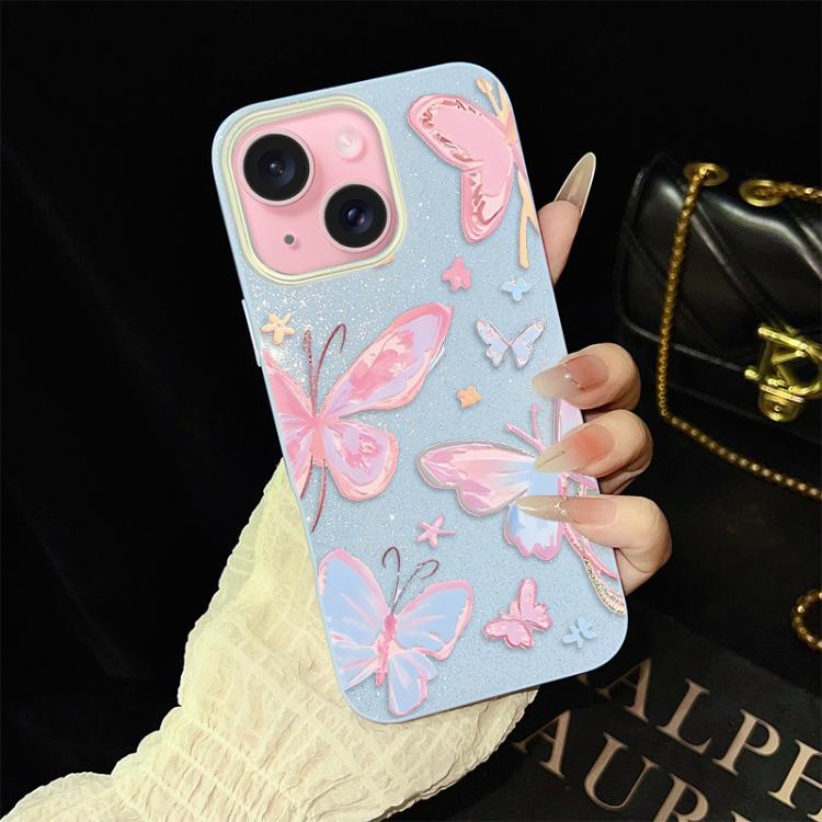 For iPhone 15 Plus Colorful Butterflies Pattern IMD Glitter PC Hybrid TPU Phone Case