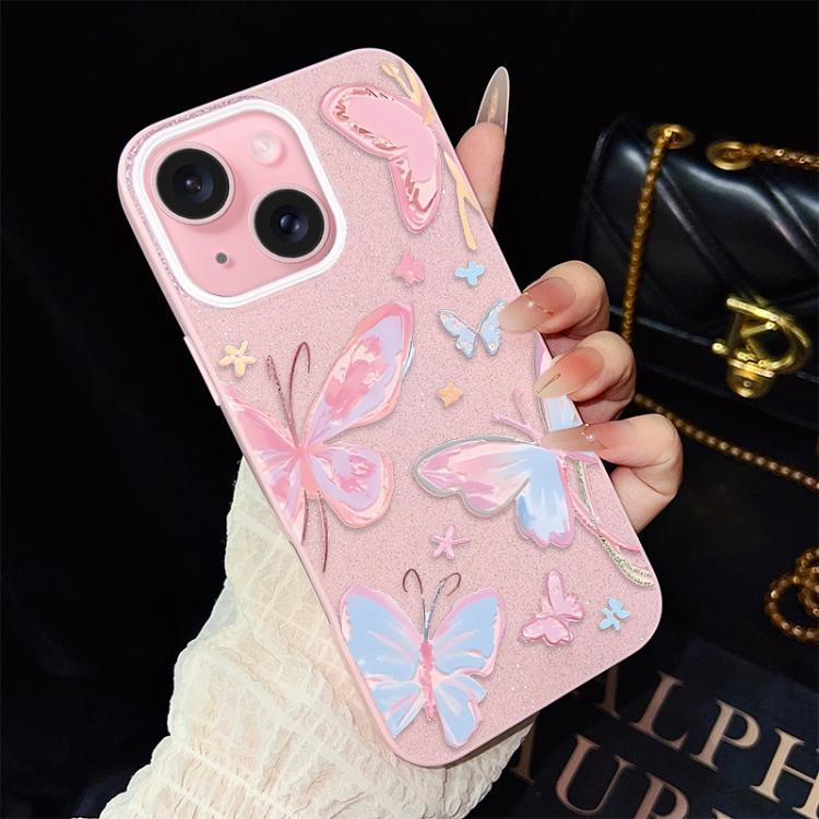 For iPhone 15 Plus Colorful Butterflies Pattern IMD Glitter PC Hybrid TPU Phone Case